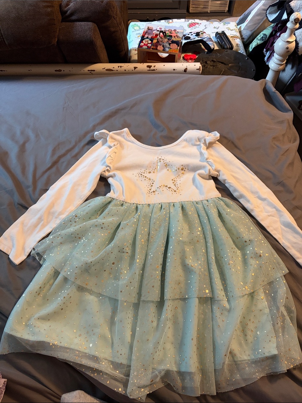 Girls' Sparkle Star Long-Sleeve Tulle Dress - White & Light Blue